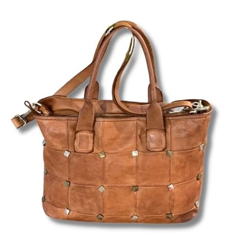 CAMELIA Large Studded Leather Shoulder Bag | Tan