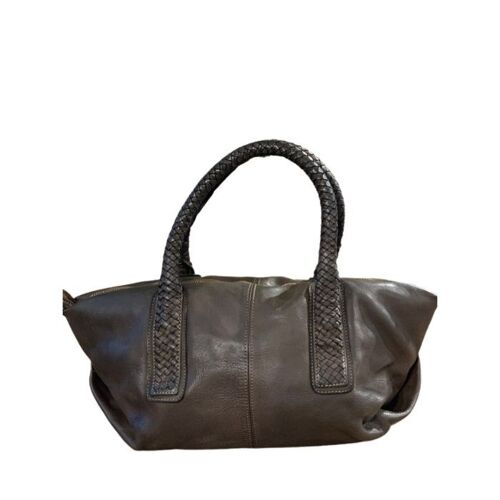 BABY MADRID Smooth Leather Handbag with Woven Handles Dark Brown