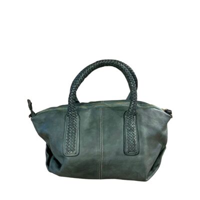 BABY MADRID Smooth Leather Handbag with Woven Handles Dark Green