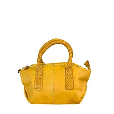 BABY MADRID Smooth Leather Handbag with Woven Handles Mustard
