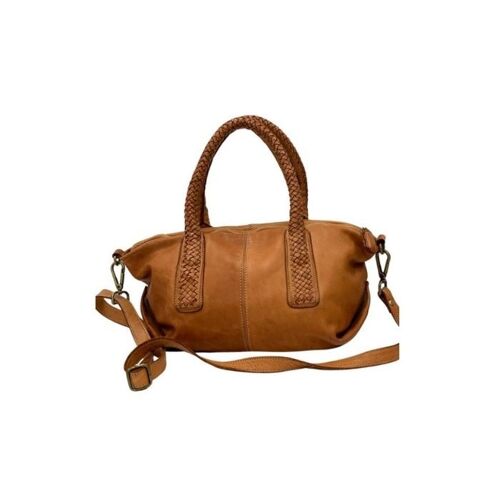 BABY MADRID Smooth Leather Handbag with Woven Handles Tan