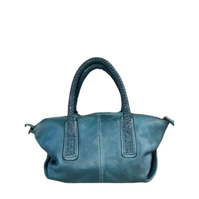 BABY MADRID Smooth Leather Handbag with Woven Handles Teal
