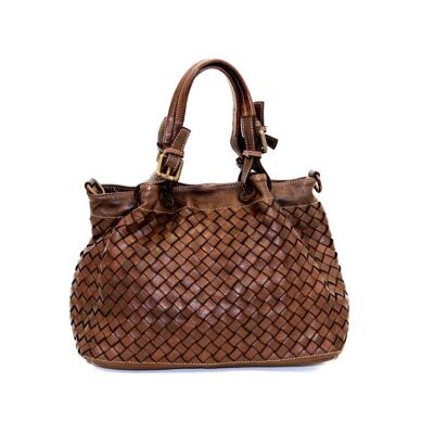 BABY LUCIA Small Tote Bag Large Weave Dark Brown