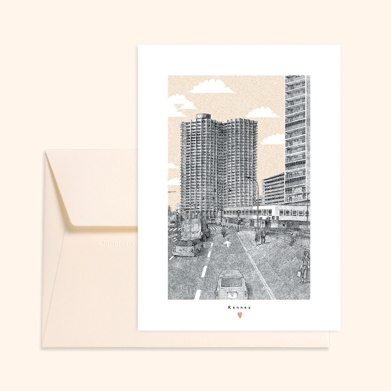 Cartolina illustrata – Realizzata in Bretagna – Formato standard – Illustrazione Tour des Horizons – Rennes