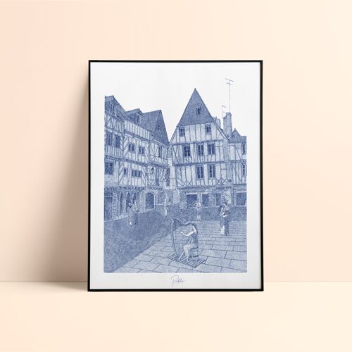 Place Saint Pierre screen print - Vannes / 30x40cm - Blue