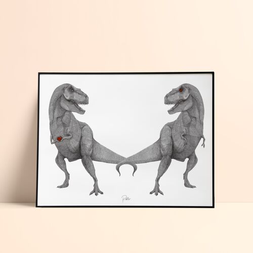 Sérigraphie Dinosaure Amoureux /50x70cm - Noir et Rouge