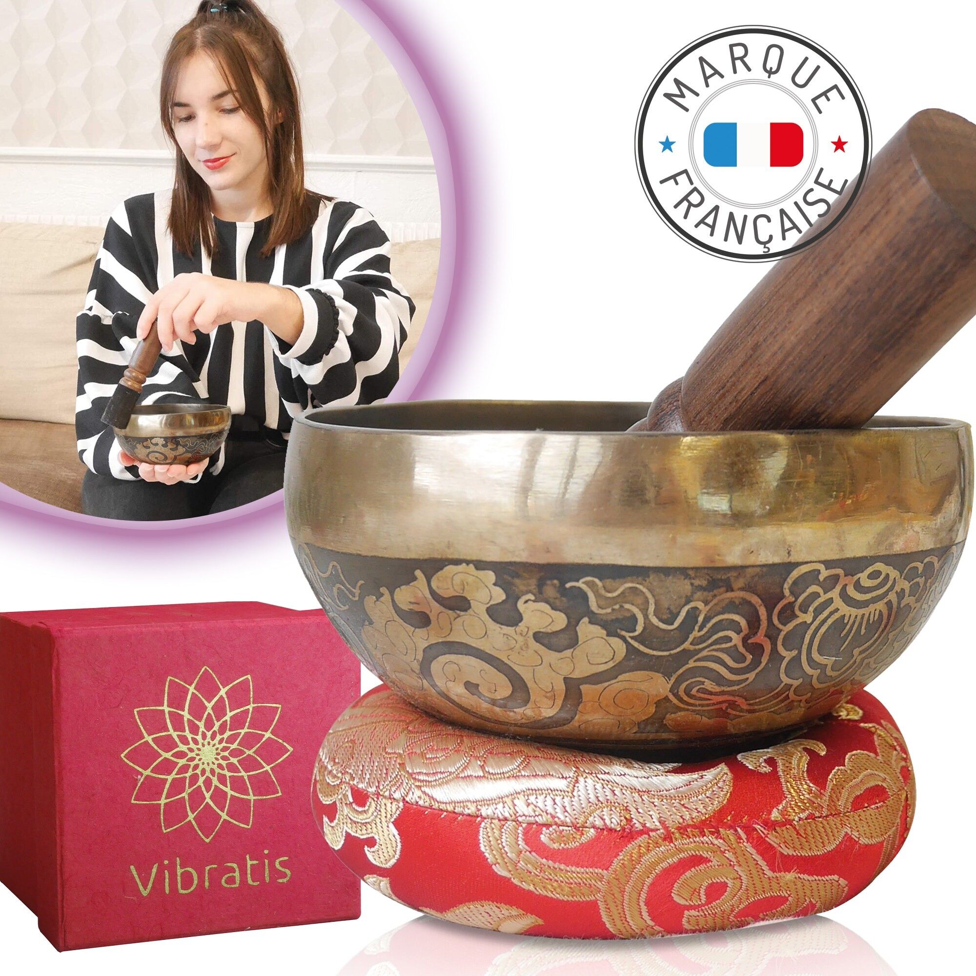 Tibetan Singing Bowl 7 Metals + E-Book | Artisanal Tibetan Bowl, Handmade in Nepal + Cushion + Wooden Mallet + Lokta Box - Meditation - Healing