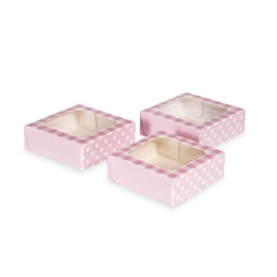 Cajas cuadradas pequeñas para golosinas a cuadros rosas con ventana