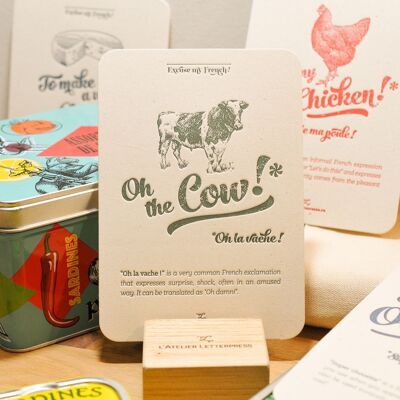 Oh la Vache Letterpress card, humor, expression, kitchen, vintage, very thick recycled paper, green