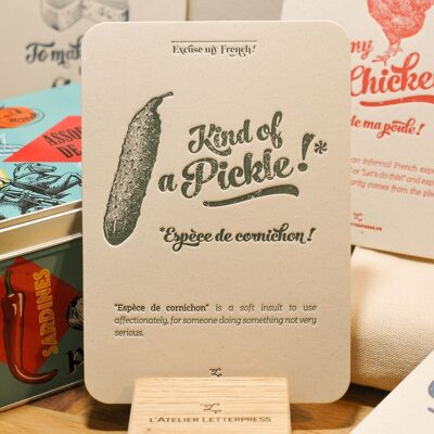 Letterpress Card Species of Pickle, humor, expression, kitchen, vegetable, vintage, very thick recycled paper, green