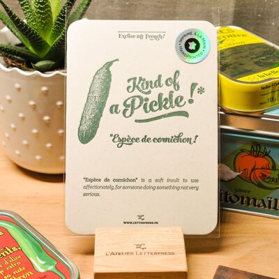 Buchdruckkarte Pickle, Humor, Ausdruck, Küche, Gemüse, Vintage, sehr dickes Recyclingpapier, grün