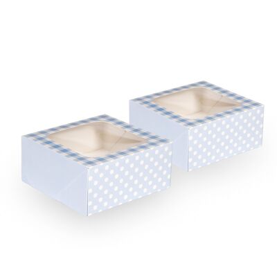 Quadratische Leckerli-Boxen mit blauem Ginghammuster und Fenster