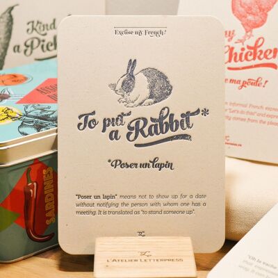 Carte Letterpress Poser un Lapin, humour, expression, vintage, papier recyclé très épais, bleu