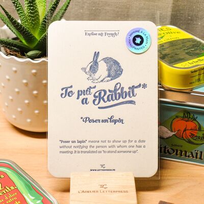 Letterpress card Pose a Rabbit, humor, expression, vintage, very thick recycled paper, blue