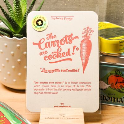 Tarjeta tipográfica Las Zanahorias se Cocen, humor, vegetal, cocina, expresión, vintage, papel reciclado muy grueso, rojo