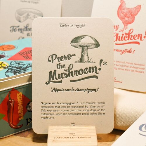 Carte Letterpress Appuie sur le Champignon, humour, expression, cuisine, vintage, papier recyclé très épais, vert