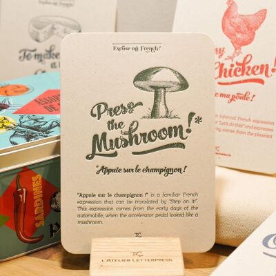 Letterpress card Press the Mushroom, humor, expression, kitchen, vintage, very thick recycled paper, green
