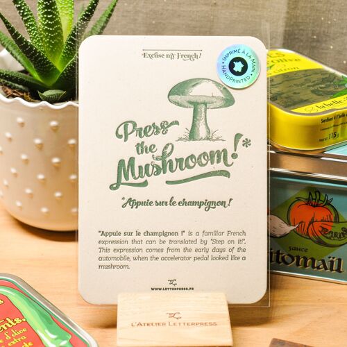 Carte Letterpress Appuie sur le Champignon, humour, expression, cuisine, vintage, papier recyclé très épais, vert