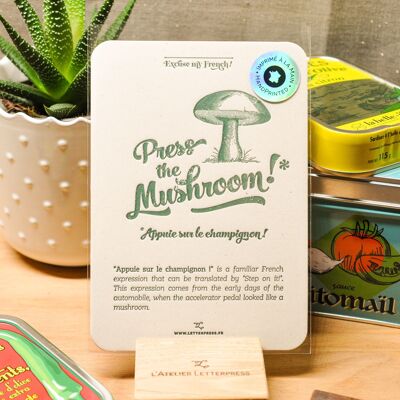 Tarjeta tipográfica Press the Mushroom, humor, expresión, cocina, vintage, papel reciclado muy grueso, verde