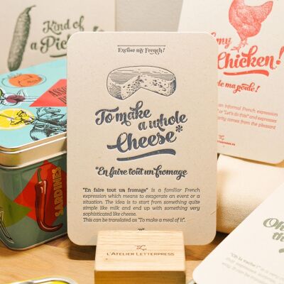 Carte Letterpress En faire tout un Fromage, humour, expression, cuisine, vintage, papier recyclé très épais, bleu