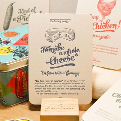 Letterpress card Make it all Cheese, humor, expression, kitchen, vintage, very thick recycled paper, blue