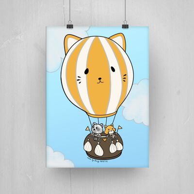 A3 poster for the nursery with cute cats hot air balloon