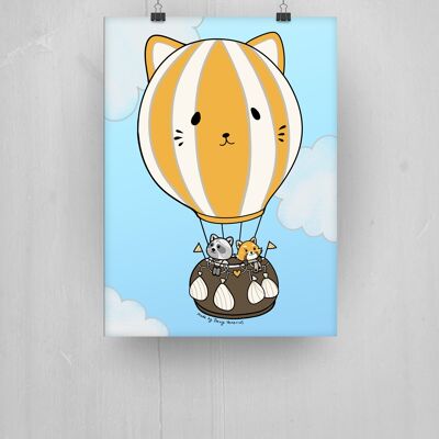 Afiche A3 para la guardería con lindos gatos en globo aerostático