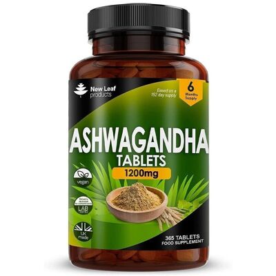 Ashwagandha 1200mg - 365 tabletas veganas Extracto puro de raíz de Ashwagandha de alta potencia - Suministro para 6 meses - Suplemento natural de Ayurveda