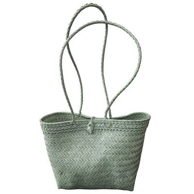 Bolso de playa/tote tejido de plástico reciclado con correa larga, verde, grande