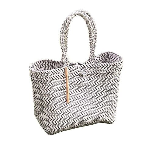 Recycled Plastic Woven Beach/Tote Long Strapped Bag, Grey Black, Large