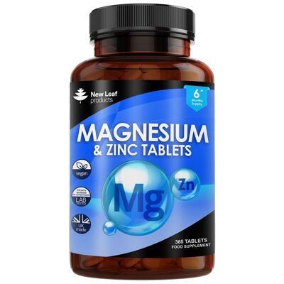 Suppléments de magnésium avec zinc 365 comprimés - Os, soutien immunitaire musculaire Supplément de sommeil facile à avaler