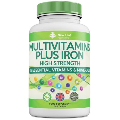 Multivitaminas y minerales - 365 tabletas de multivitaminas veganas (suministro para 1 año) con hierro de alta potencia - 26 tabletas de multivitaminas activas esenciales