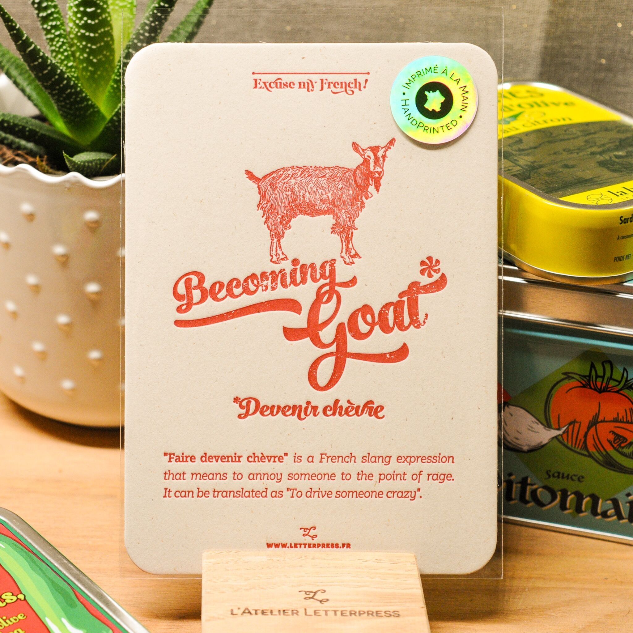 Carta tipografica Devenir Chèvre, umorismo, espressione, animale, vintage, carta riciclata molto spessa, rosso