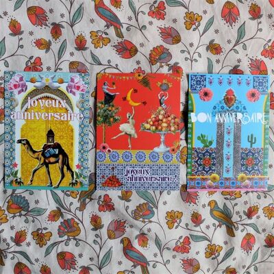 Lot of 3 birthday cards Travel around the world in colors / Bohemian stationery