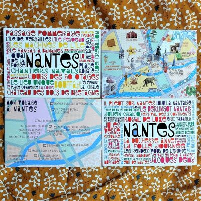 Lot de 4 cartes postales "Les mots de Nantes" et les voyages à Nantes / Plan de Nantes subjectif