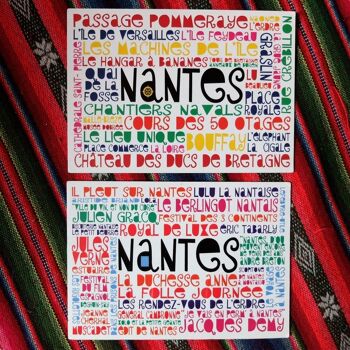 Lot de 4 cartes postales "Les mots de Nantes" et les voyages à Nantes / Plan de Nantes subjectif 2