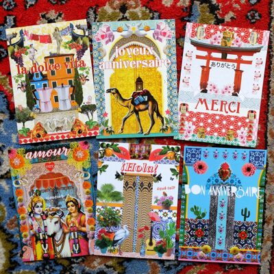 Set of 6 postcards "Kitsch travel" / Birthday, love, thank you, Hola