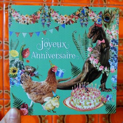 Biglietto di auguri di compleanno con T-Rex e gallina in giardino / Cancelleria francese boema