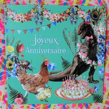 Carte d'anniversaire T-Rex et Poule au jardin / Papeterie française bohème 4