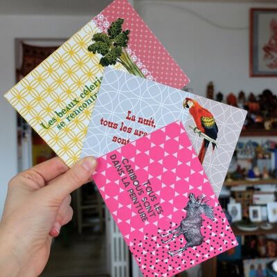Set of 3 humorous cards / Word games / Proverbs and animals