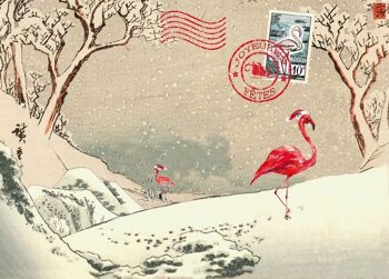 Carte de voeux Flamants roses japonais dans la neige 1