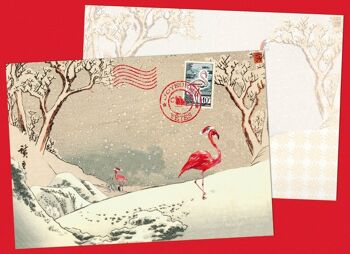 Carte de voeux Flamants roses japonais dans la neige 4