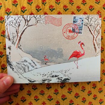 Carte de voeux Flamants roses japonais dans la neige 2