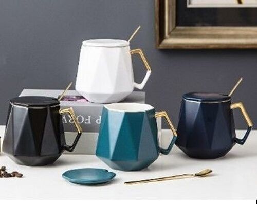 Diamond pattern coffee mug with lid and spoon in gift box -   TK-603