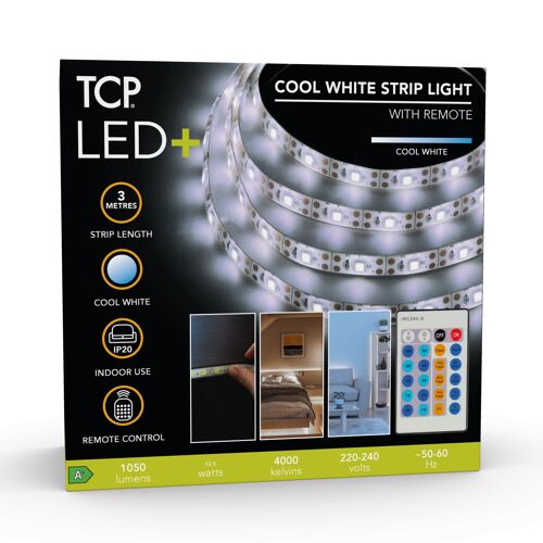 TCP LED+ Cool White Strip light 3 meters with remote