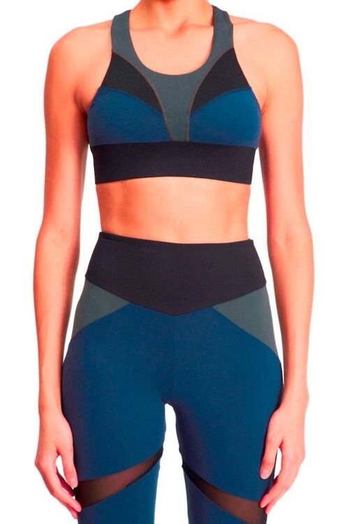 Brushed Tri Colour Scoop Neck Bra - Navy Green Black