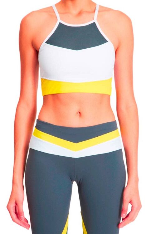 Cutaway Halter Colour Blocked Bra - Grey White Yellow