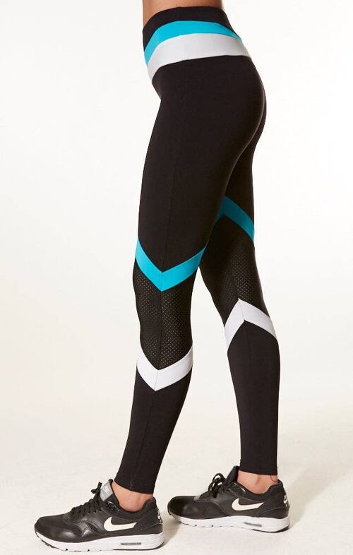 Tri Colour Blocked Legging (Medium Compression) - Black w White and Turquoise
