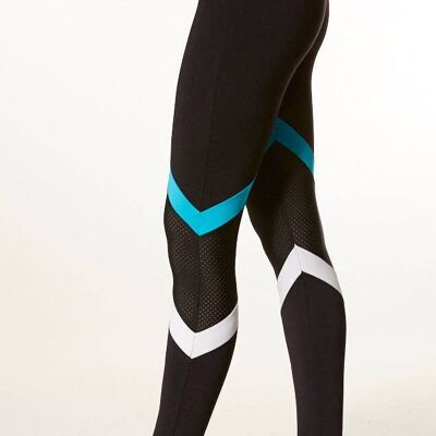 Tri Colour Blocked Legging (Medium Compression) - Black w White and Turquoise