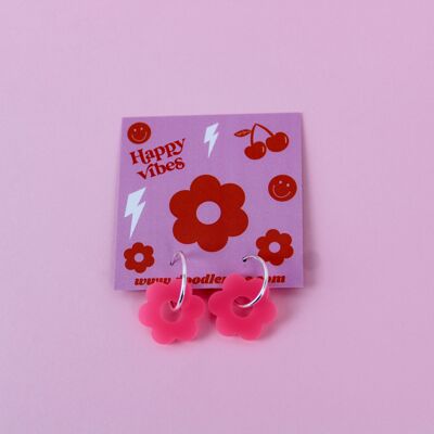 Boucles d'oreilles créoles flower power - Couleur rose fluo